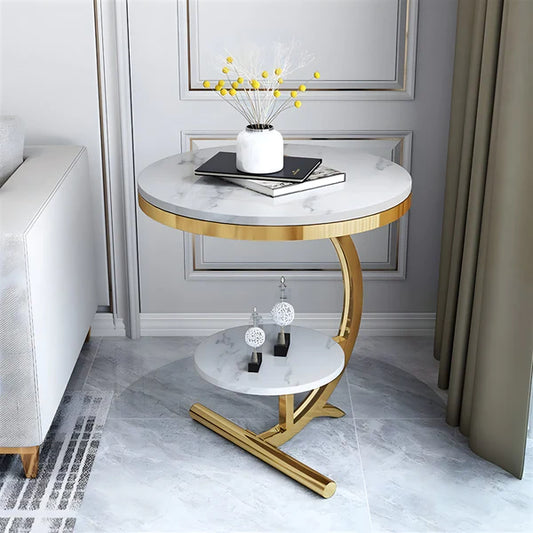 Table Round Side Table with Open Storage Shelf and Marble Look