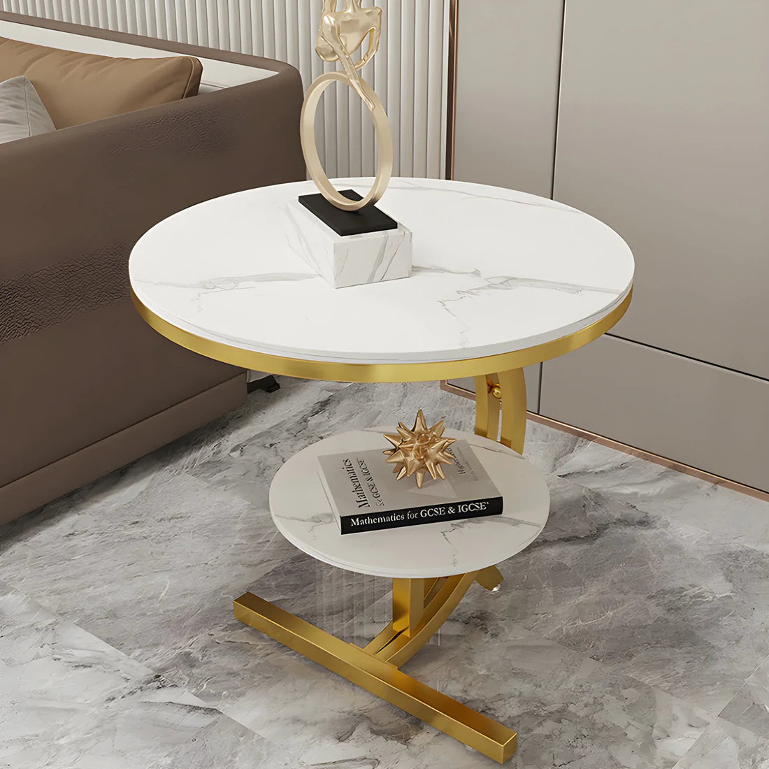 Table Round Side Table with Open Storage Shelf and Marble Look